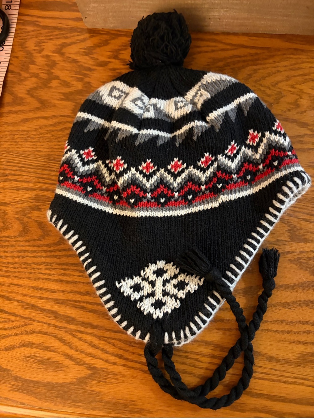 Black Knit Earflap Pom Hat for Kids with Red & White Pattern